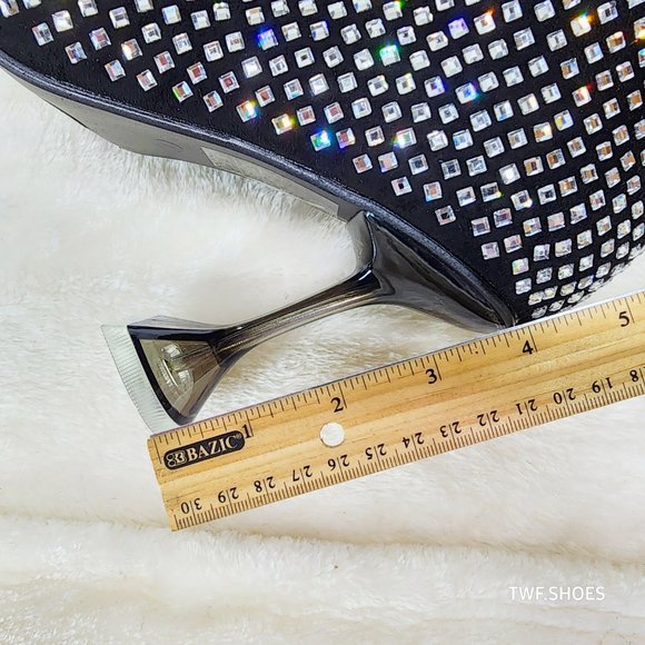 Glamour Shot Mirror Rhinestone Tinted 4" Pyramid Heel Knee High Boots Black - Picture 10 of 10